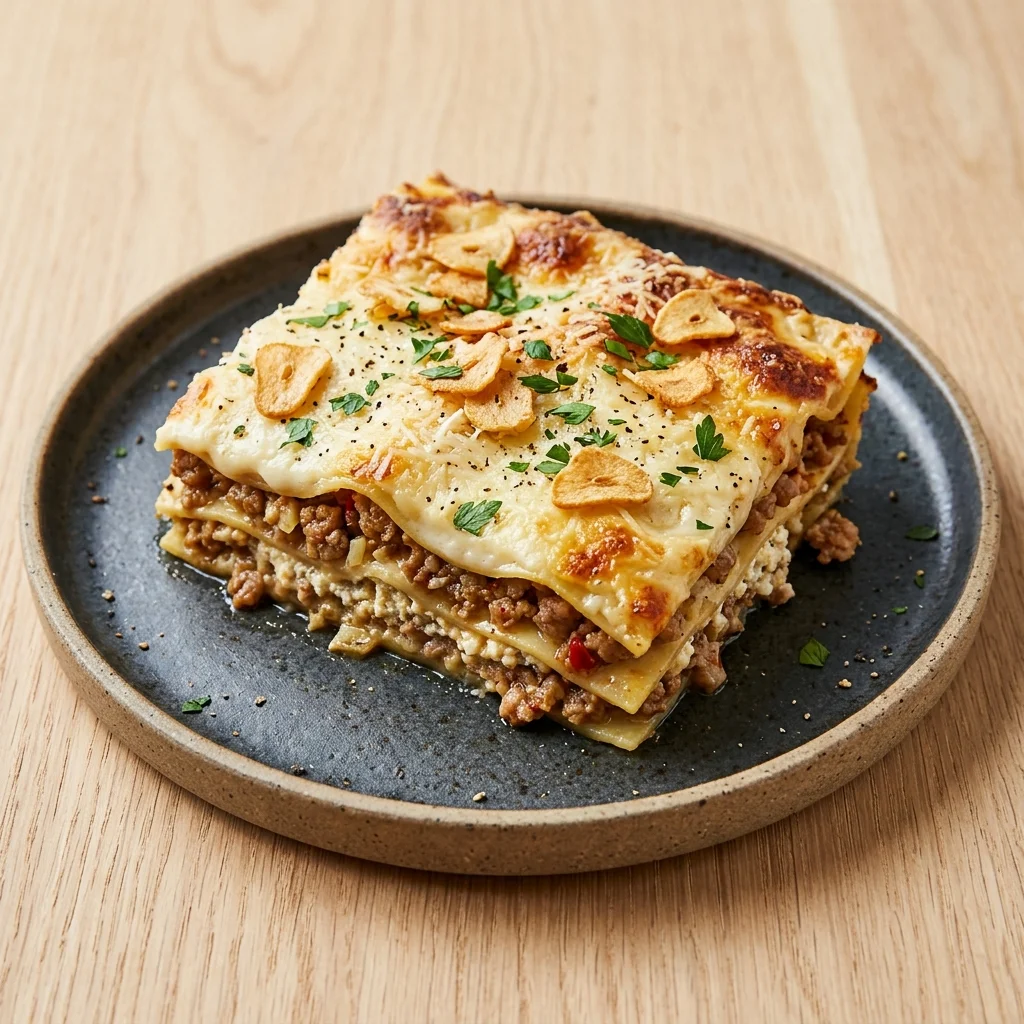 Garlic Parmesan Pork Lasagna with Crispy Garlic