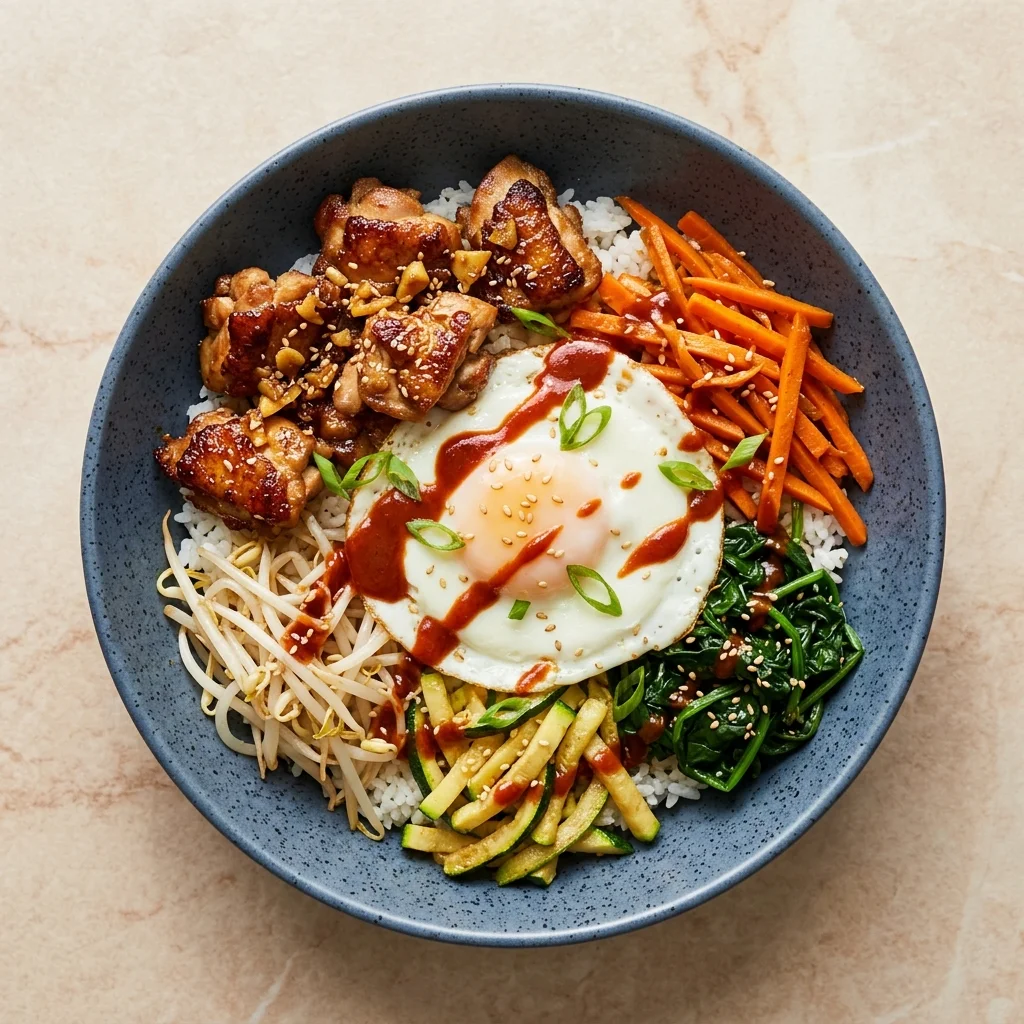Honey-Garlic Chicken Bibimbap with Crisp Vegetables