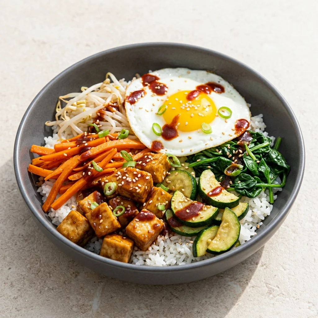 Honey-Garlic Tofu Bibimbap with Crisp Vegetables
