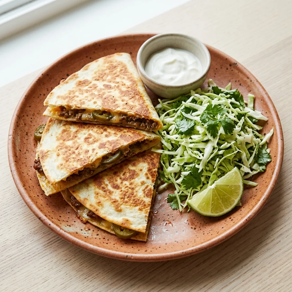 Pickled Jalapeño Beef Quesadillas with Cilantro Slaw