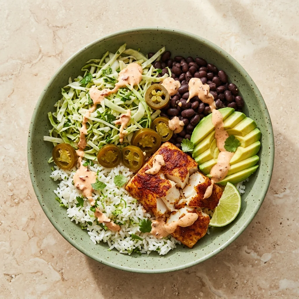 Pickled Jalapeño Cod Burrito Bowls with Cilantro Slaw