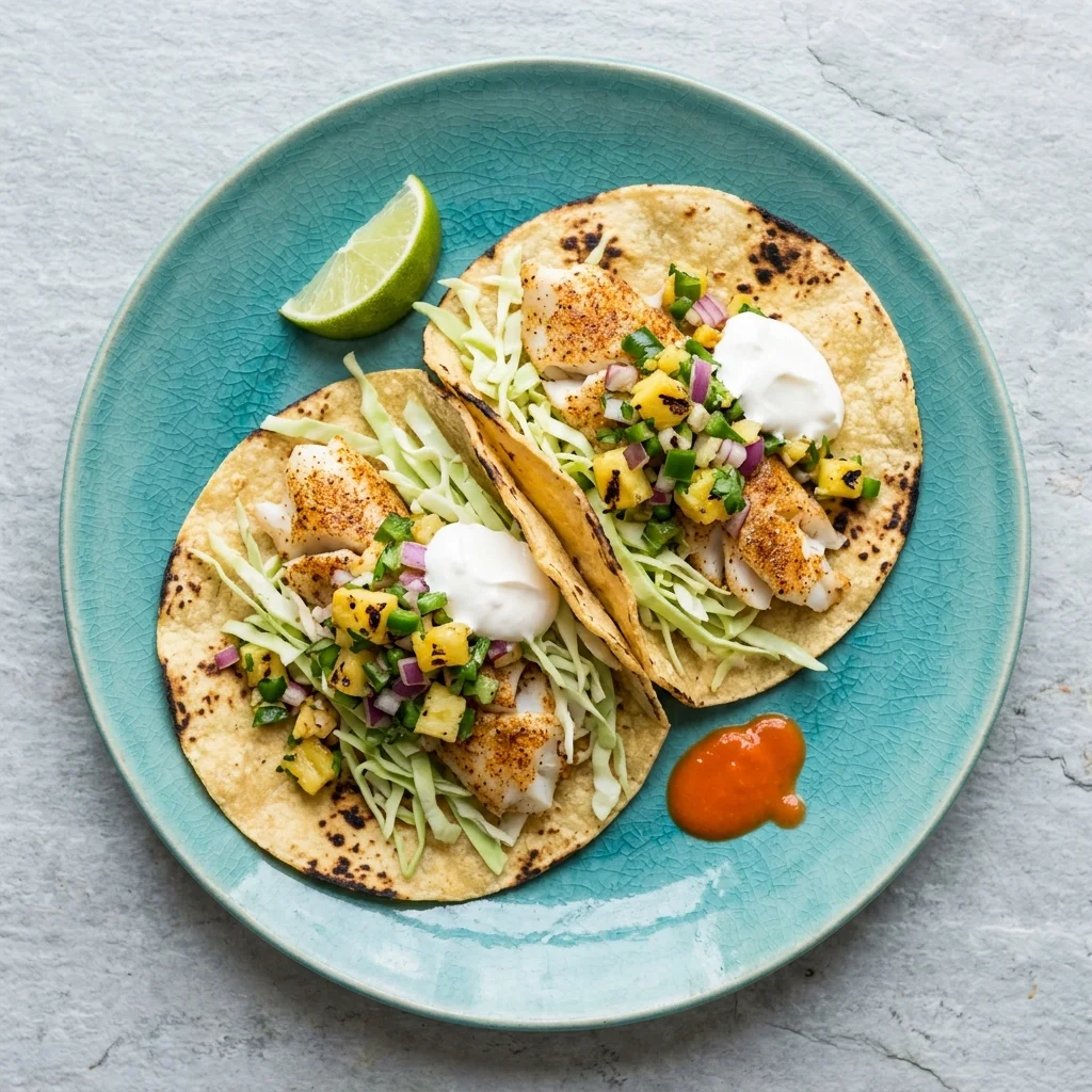 Pineapple Salsa Cod Tacos with Charred Pineapple