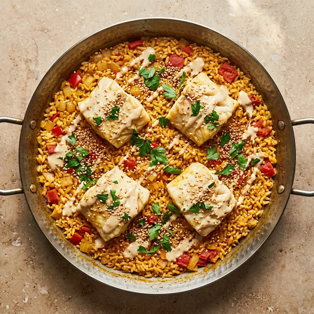 Tahini Cod Paella with Toasted Sesame