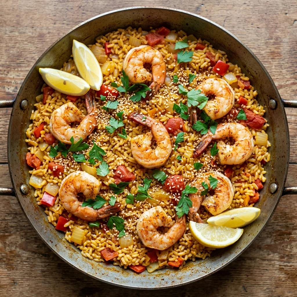 Tahini Shrimp Paella with Toasted Sesame