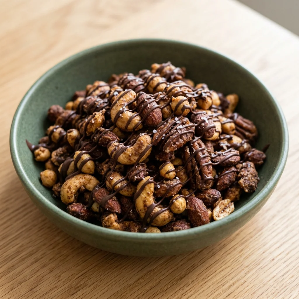Chocolate-Drizzled Peanut Butter Spiced Nuts