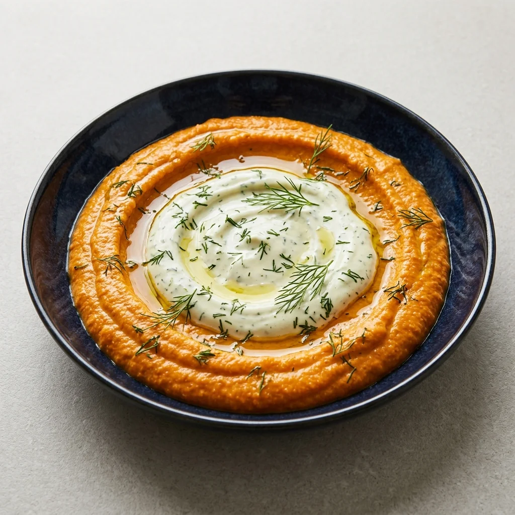 Roasted Carrot Harissa Dip with Garlic-Dill Yogurt