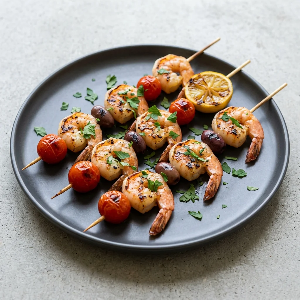 Mediterranean Shrimp Skewers with Tomatoes and Olives