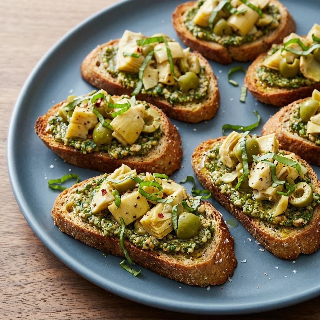 Pesto-Walnut Artichoke Olive Crostini