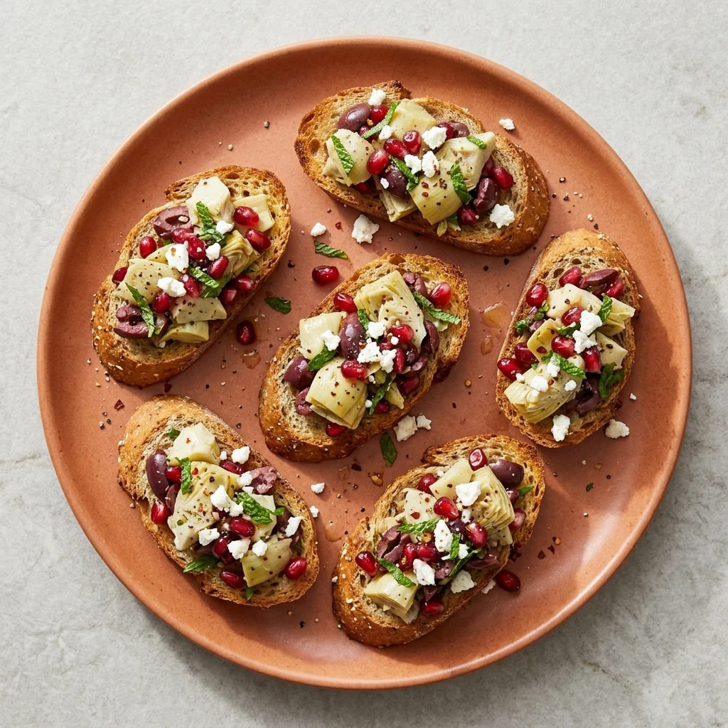 Pomegranate, Artichoke & Olive Crostini