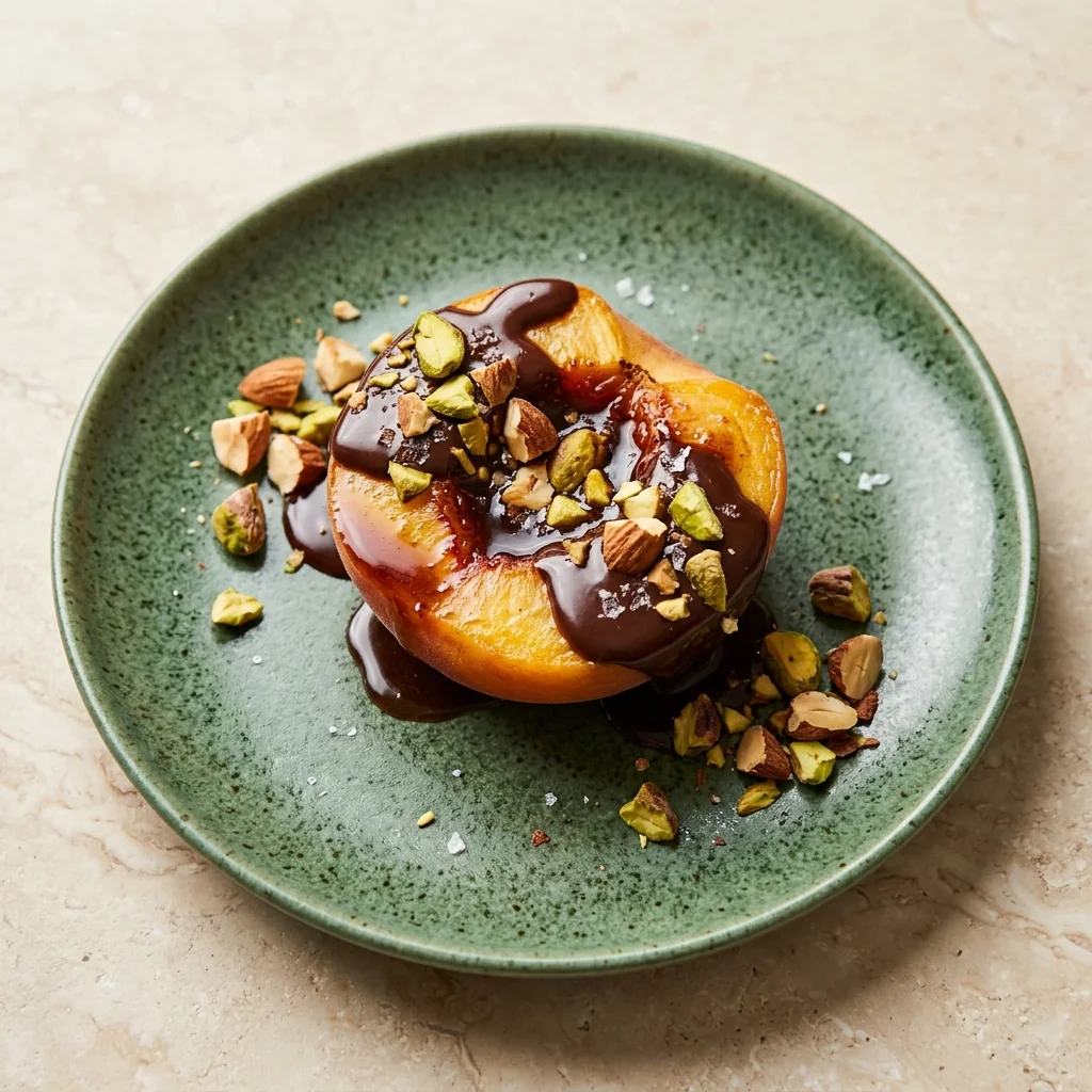 Dark Chocolate-Almond Poached Peaches with Pistachios