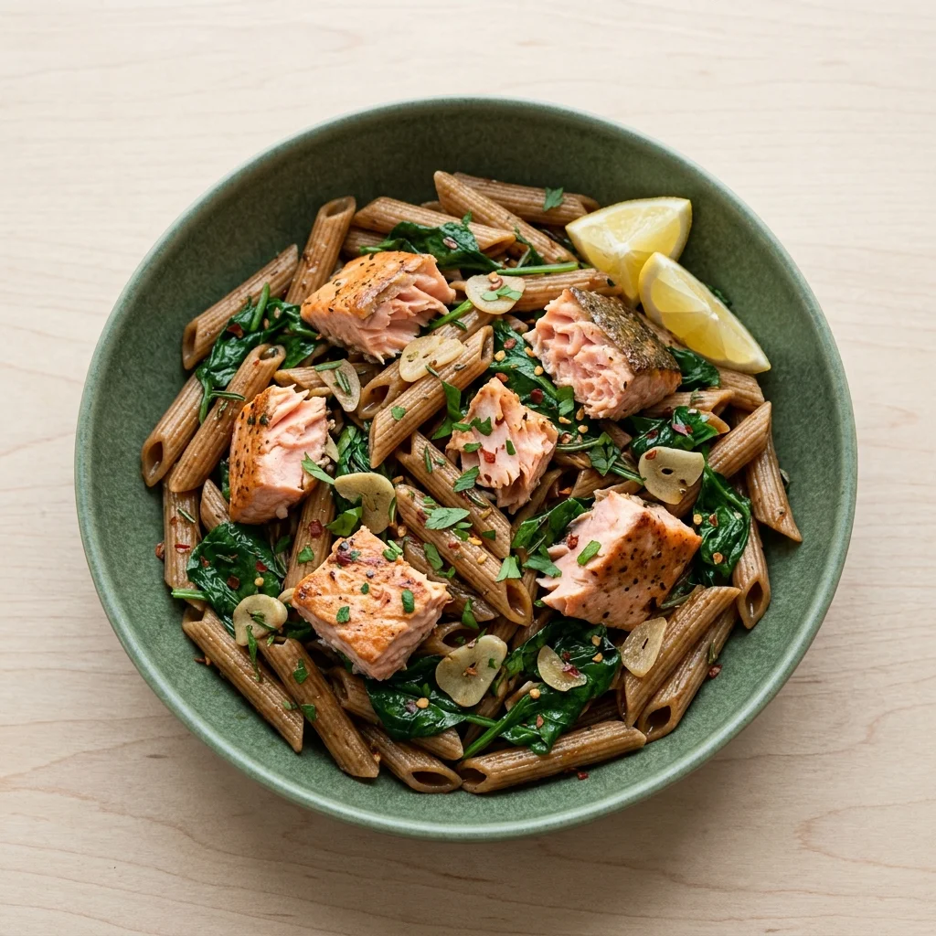 Balsamic-Rosemary Whole Wheat Pasta with Salmon & Spinach