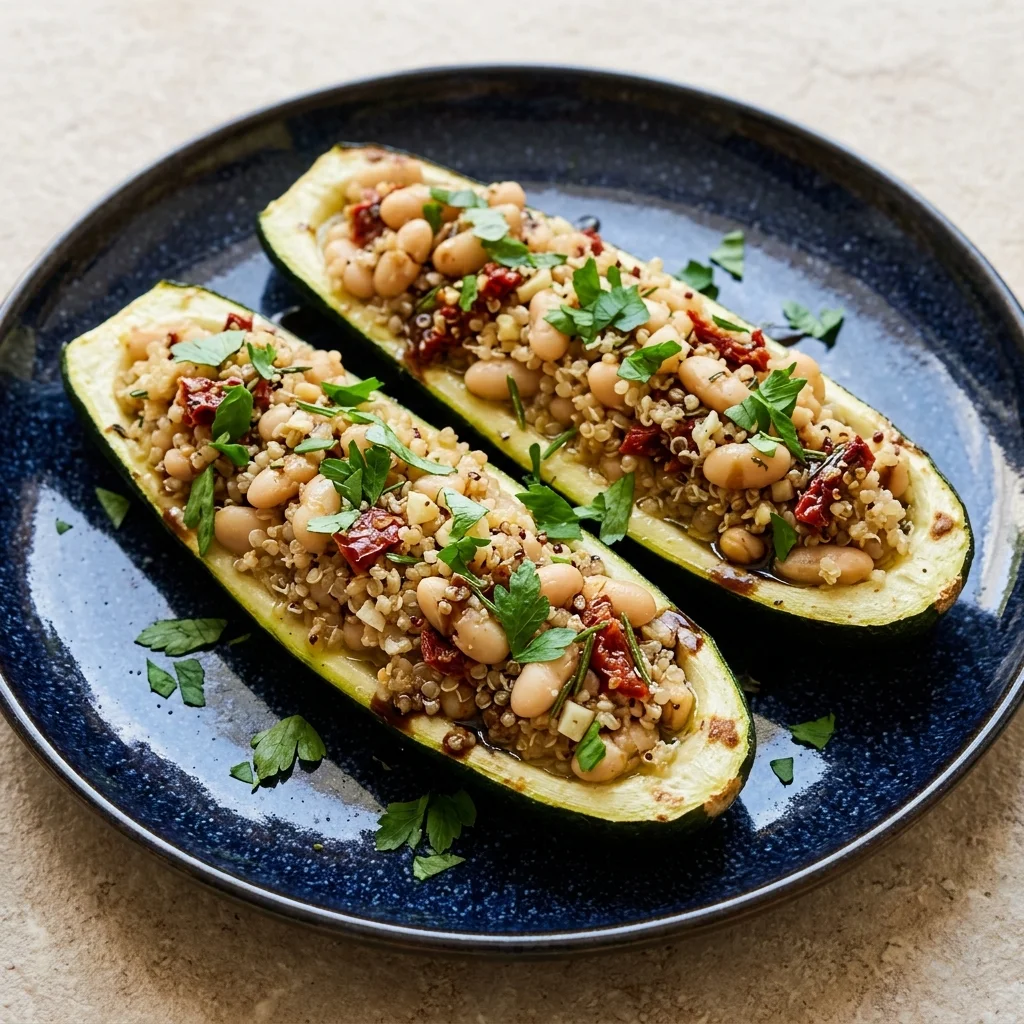 Balsamic-Rosemary Stuffed Zucchini with White Beans & Quinoa