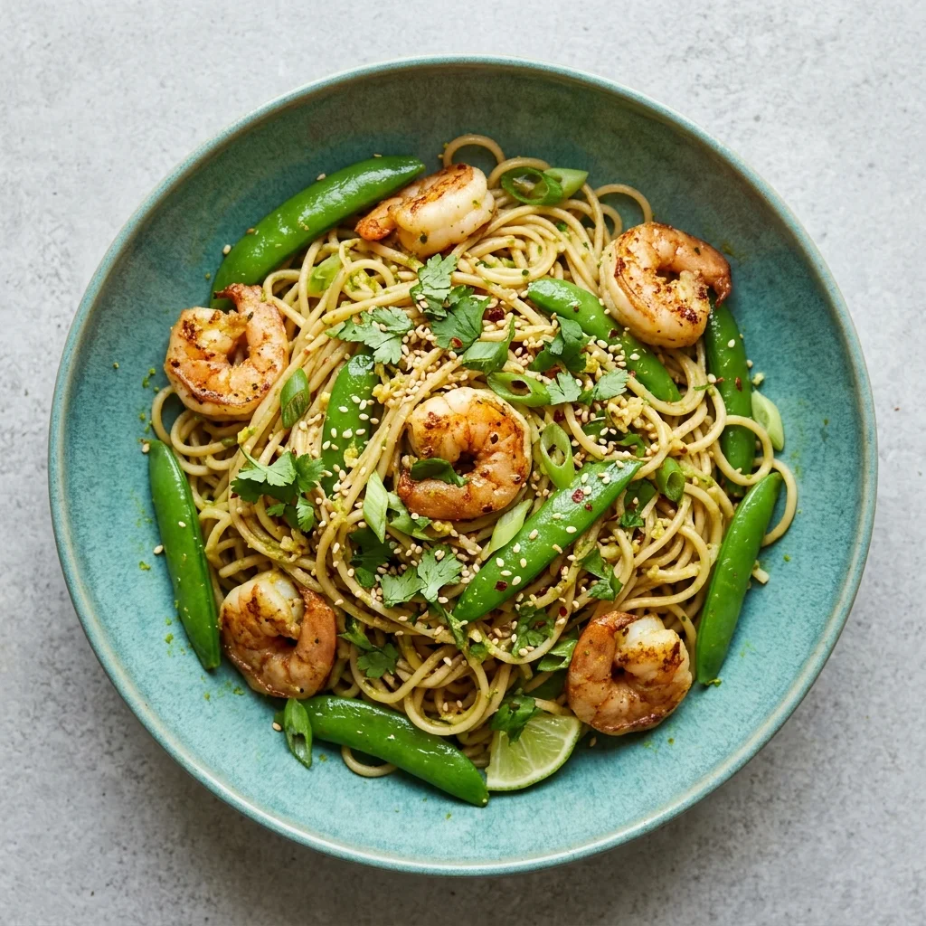 Cilantro-Lime Brown Rice Noodles with Shrimp & Snap Peas