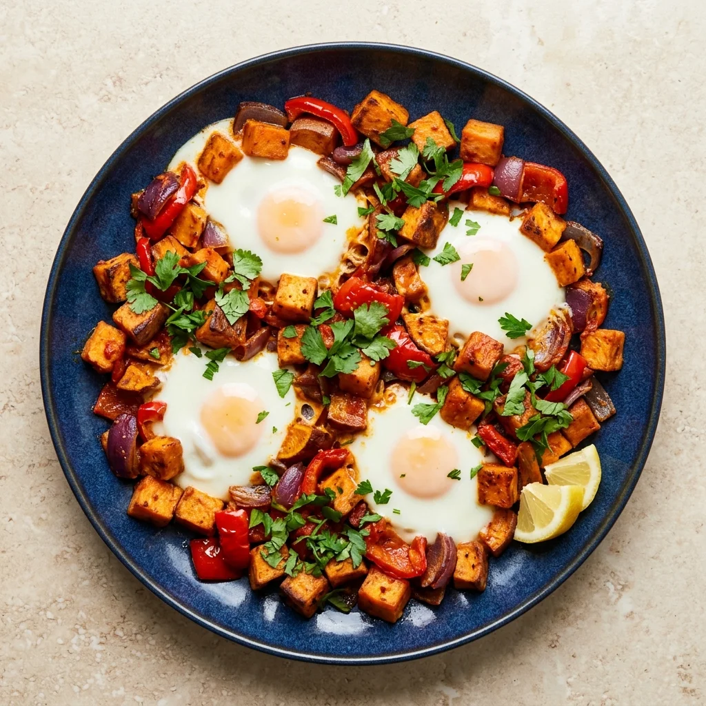 Harissa-Orange Sweet Potato Egg Hash