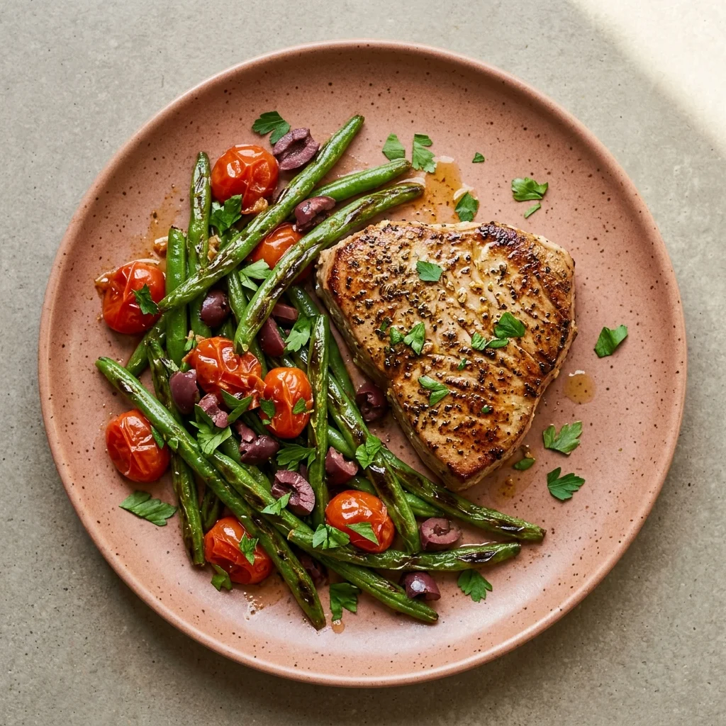 Mediterranean Tuna Steaks with Tomatoes, Olives & Green Beans