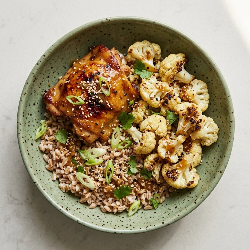 Miso-Sesame Chicken Thighs Farro Bowl with Roasted Cauliflower