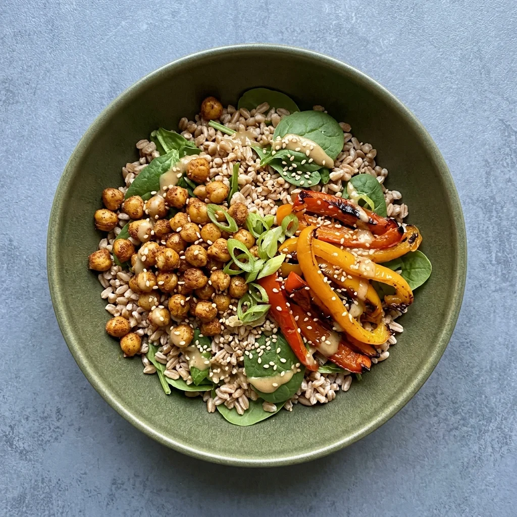 Miso-Sesame Chickpea Farro Bowl with Roasted Peppers