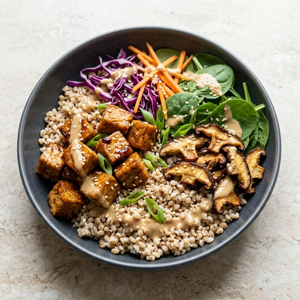 Miso-Sesame Tempeh Sorghum Bowl with Mushrooms
