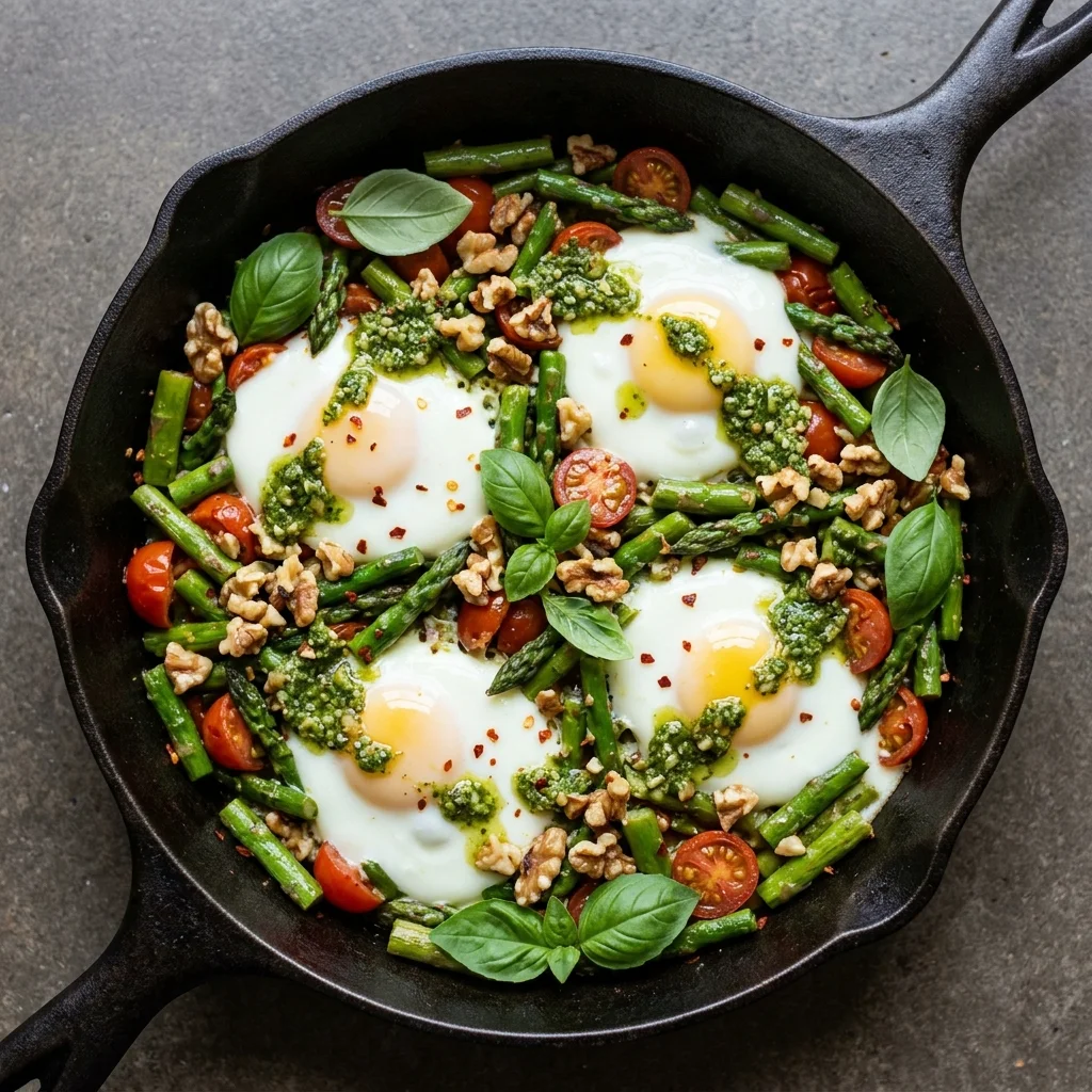 Pesto-Walnut Egg Skillet with Asparagus