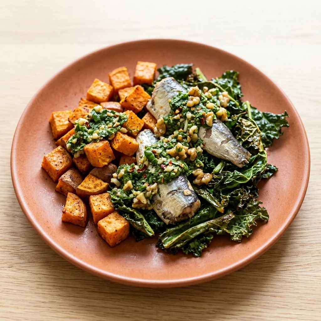 Pesto-Walnut Sardines with Sweet Potatoes & Kale Sheet-Pan Dinner