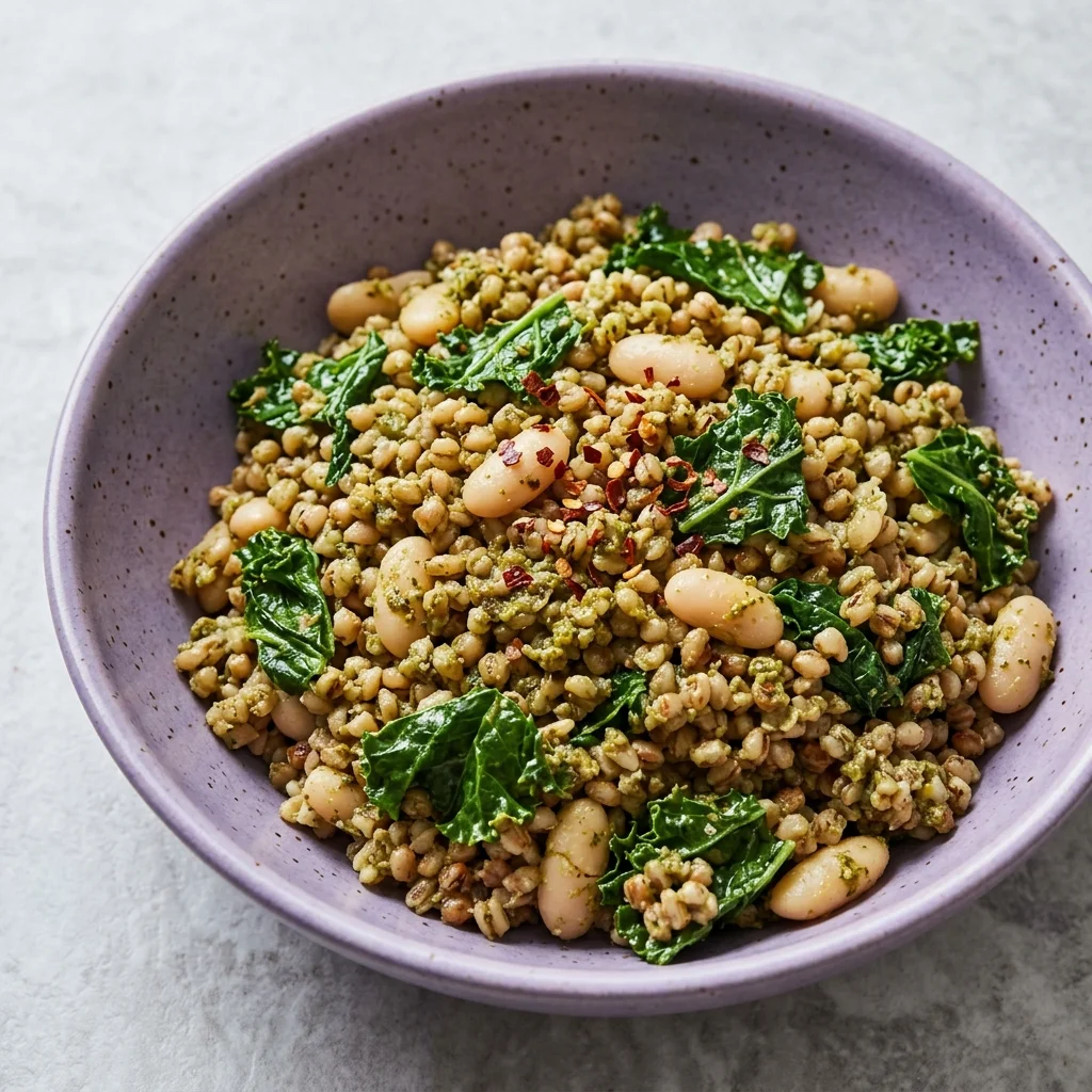 Pesto-Walnut Sorghum Pilaf with White Beans & Kale