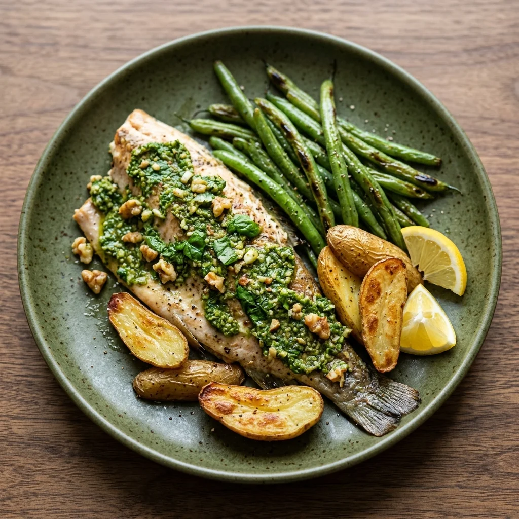 Pesto-Walnut Trout with Green Beans & Fingerling Potatoes Sheet Pan Dinner