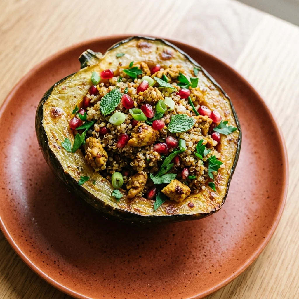 Pomegranate & Mint Stuffed Acorn Squash with Chicken and Quinoa