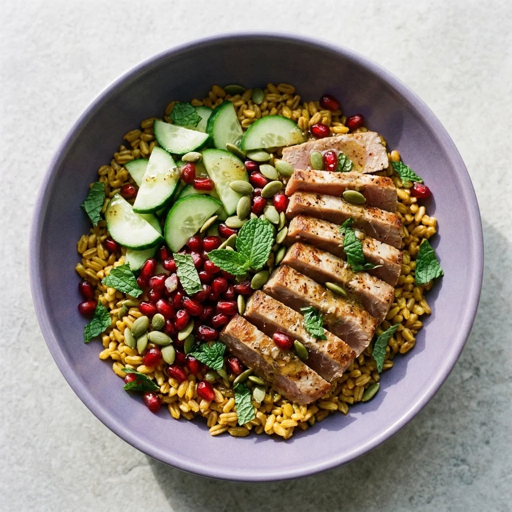 Pomegranate-Mint Tuna Farro Bowl with Cucumber