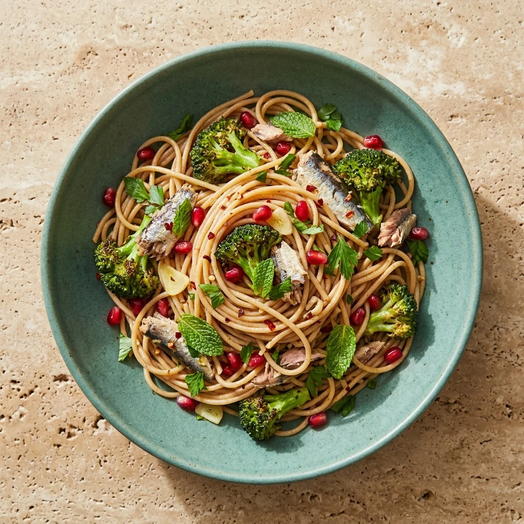 Pomegranate & Mint Whole Wheat Pasta with Sardines and Broccoli