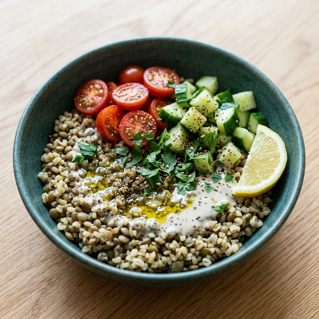Za'atar-Tahini Lentil & Bulgur Bowl with Tomatoes