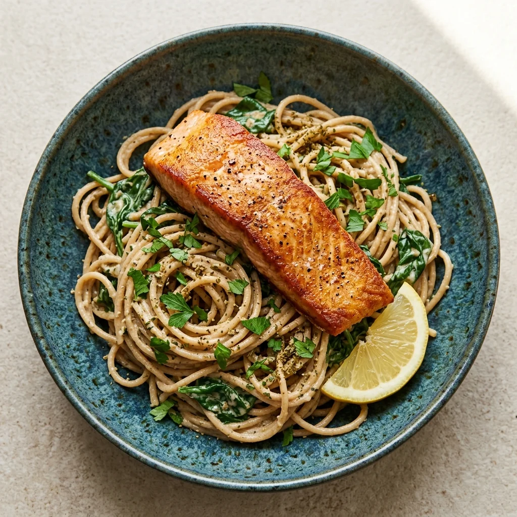 Za'atar-Tahini Whole Wheat Pasta with Salmon & Spinach