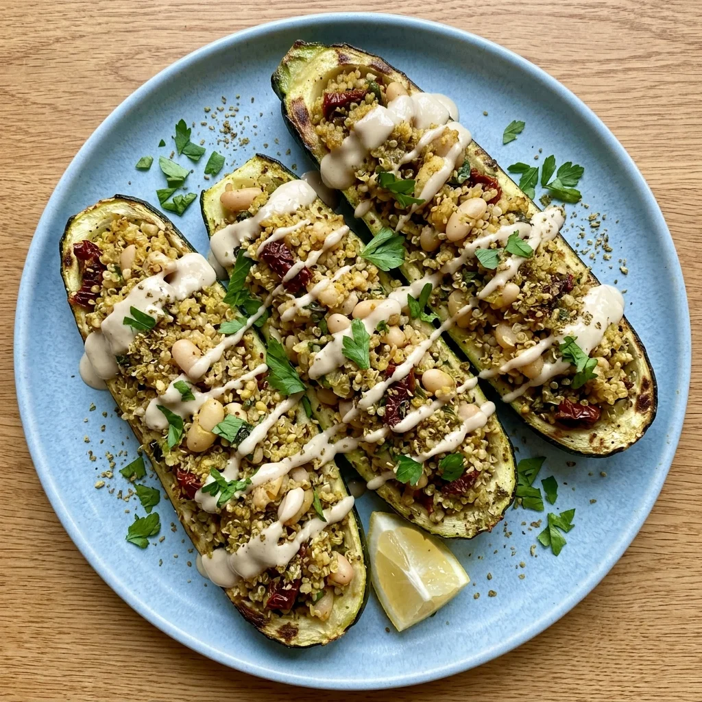 Za'atar-Tahini Stuffed Zucchini with White Beans & Quinoa