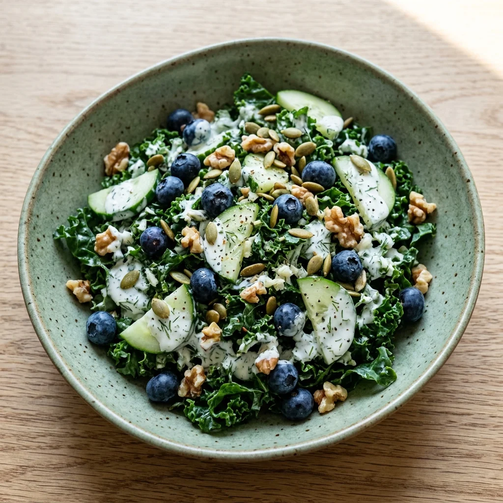 Kale and Blueberry Salad with Garlic-Dill Yogurt Dressing