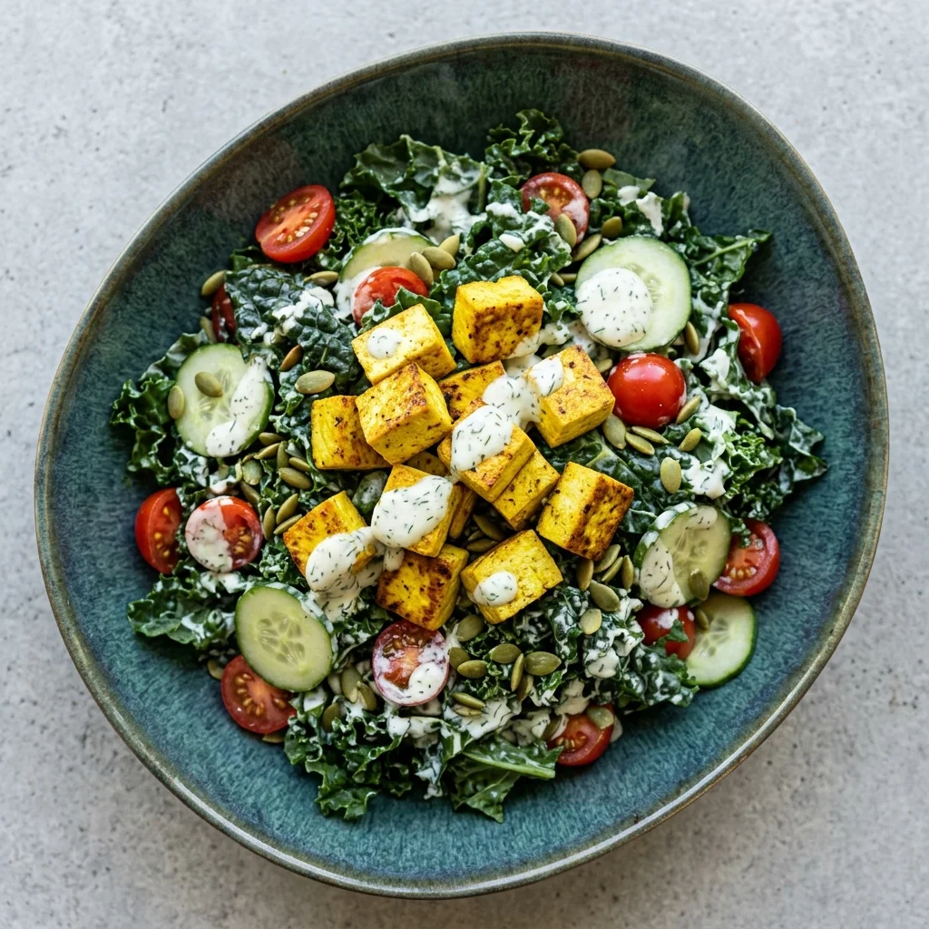 Garlic-Dill Yogurt Tofu Kale Salad