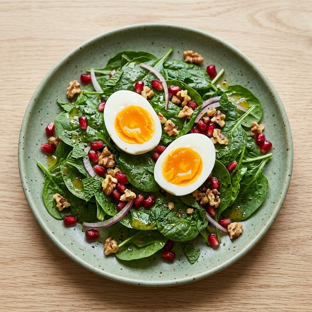 Pomegranate & Egg Spinach Salad with Mint Vinaigrette