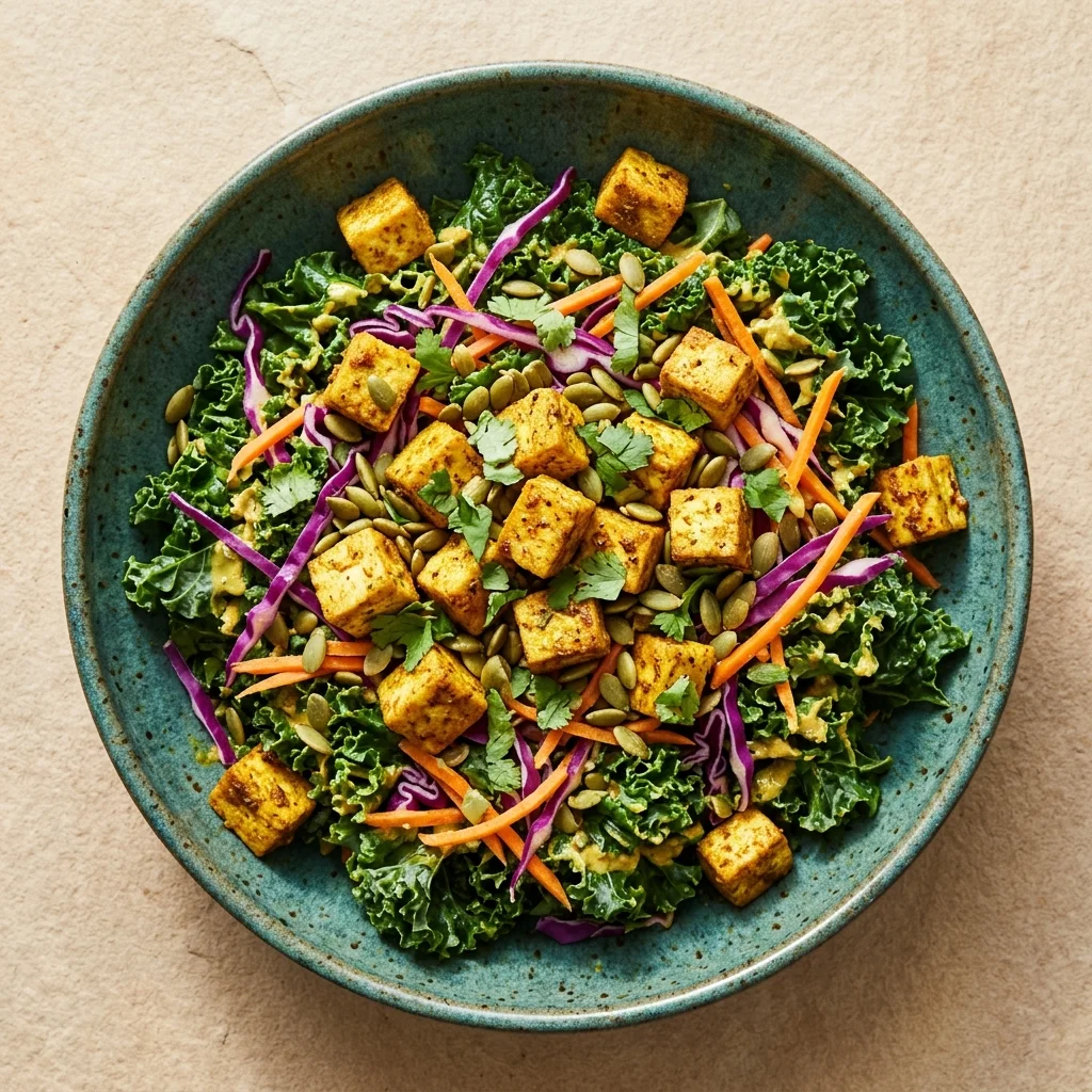 Turmeric-Ginger Crispy Tofu Kale Salad