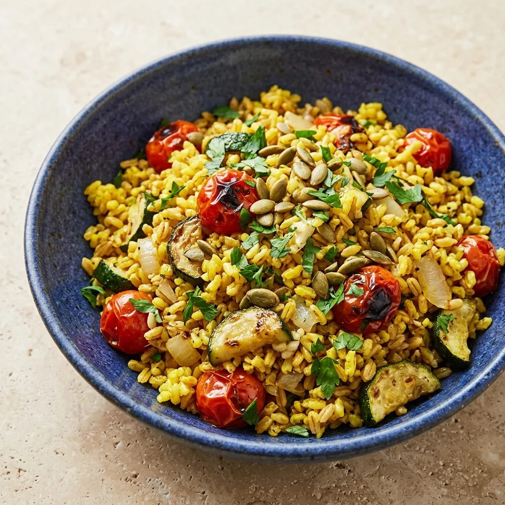 Farro Pilaf with Turmeric, Roasted Vegetables & Herbs