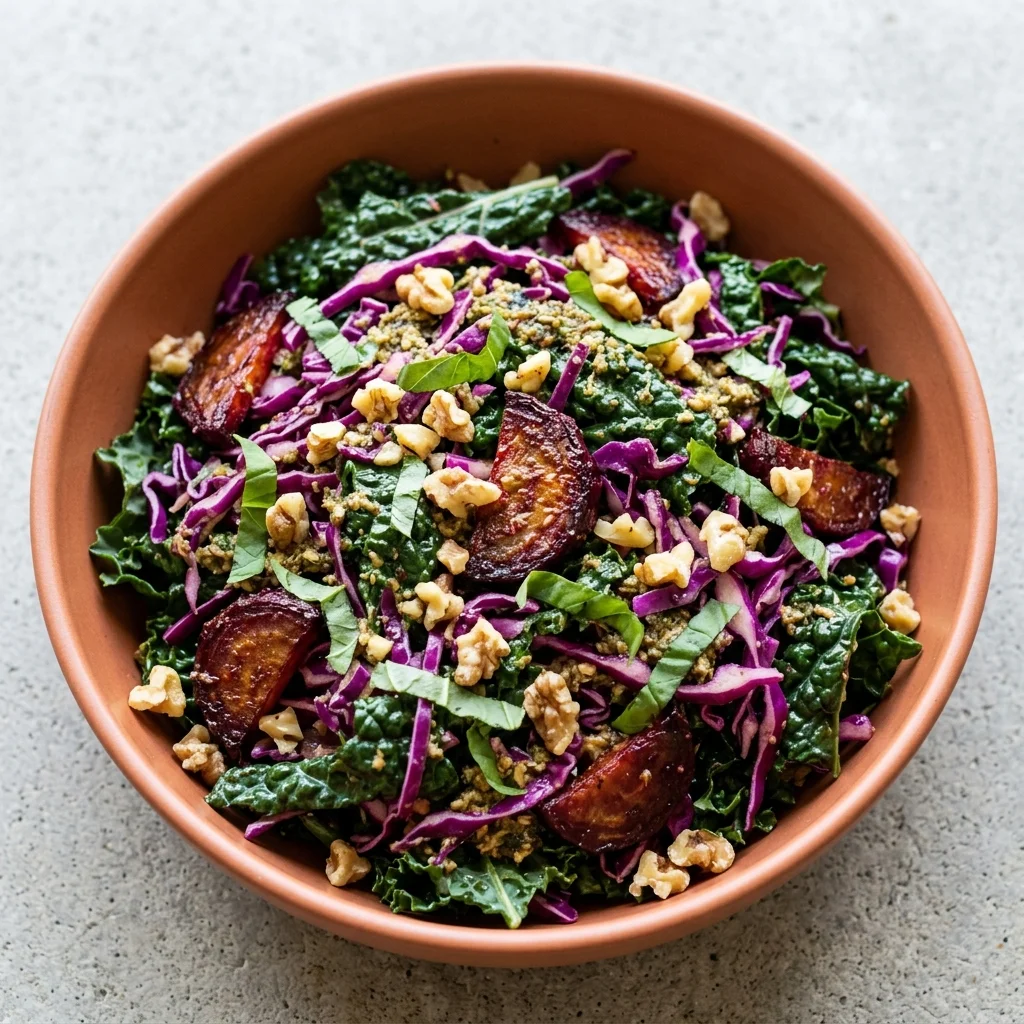 Pesto-Walnut Beet and Kale Slaw