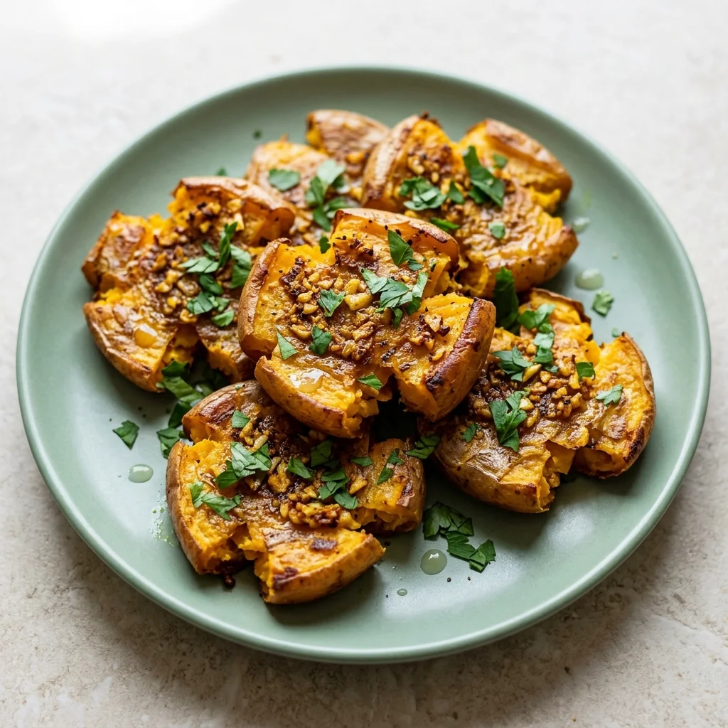 Smashed Sweet Potatoes with Turmeric & Garlic