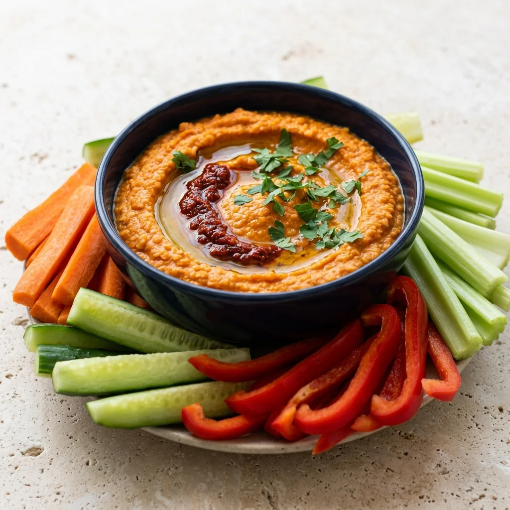 Harissa-Orange Red Lentil Dip with Veggie Dippers