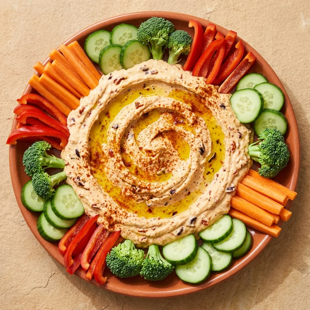Mediterranean Tomato-Olive Hummus with Veggie Dippers