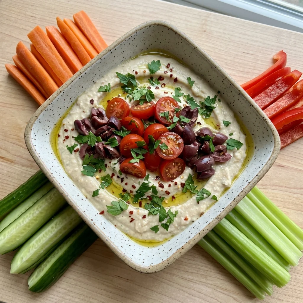Mediterranean White Bean Dip with Tomatoes, Olives & Veggie Dippers