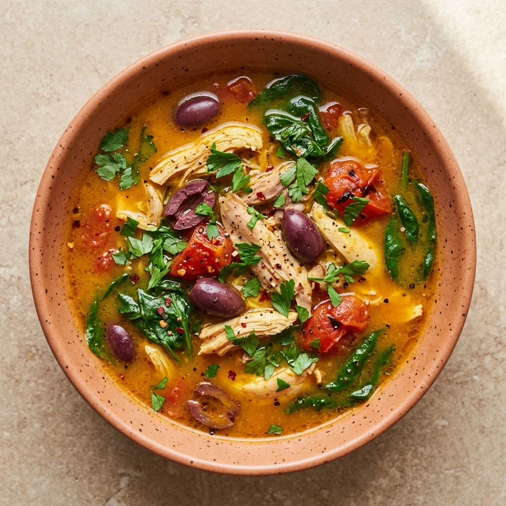 Mediterranean Tomato-Olive Chicken Soup with Turmeric