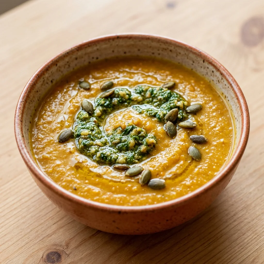 Pumpkin Lentil Soup with Walnut Pesto