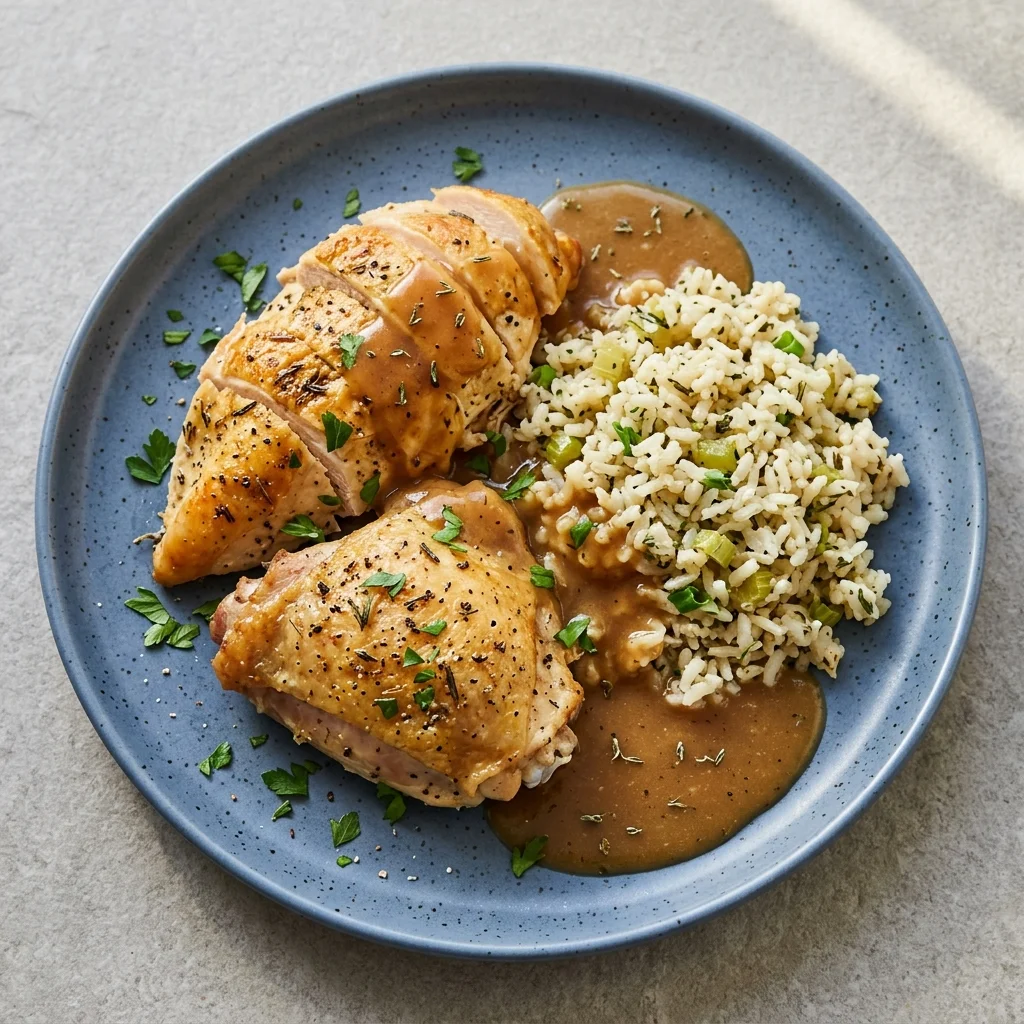 Herb Roast Chicken with Rice Stuffing and Pan Gravy
