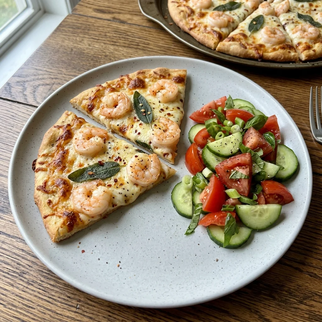 Sage-Butter Shrimp Pizza with Tomato-Cucumber Salad