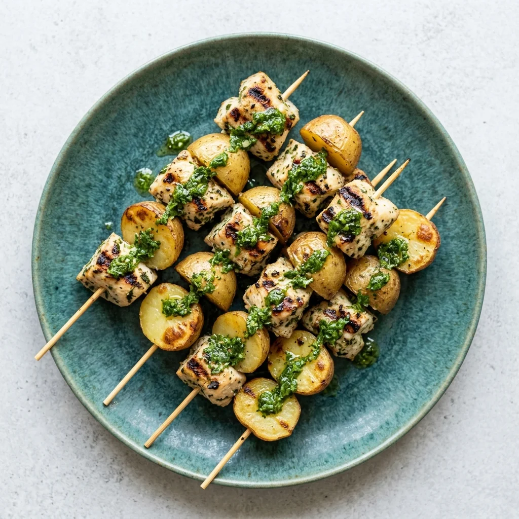 Basil-Parsley Chicken Skewers with Roasted Potato