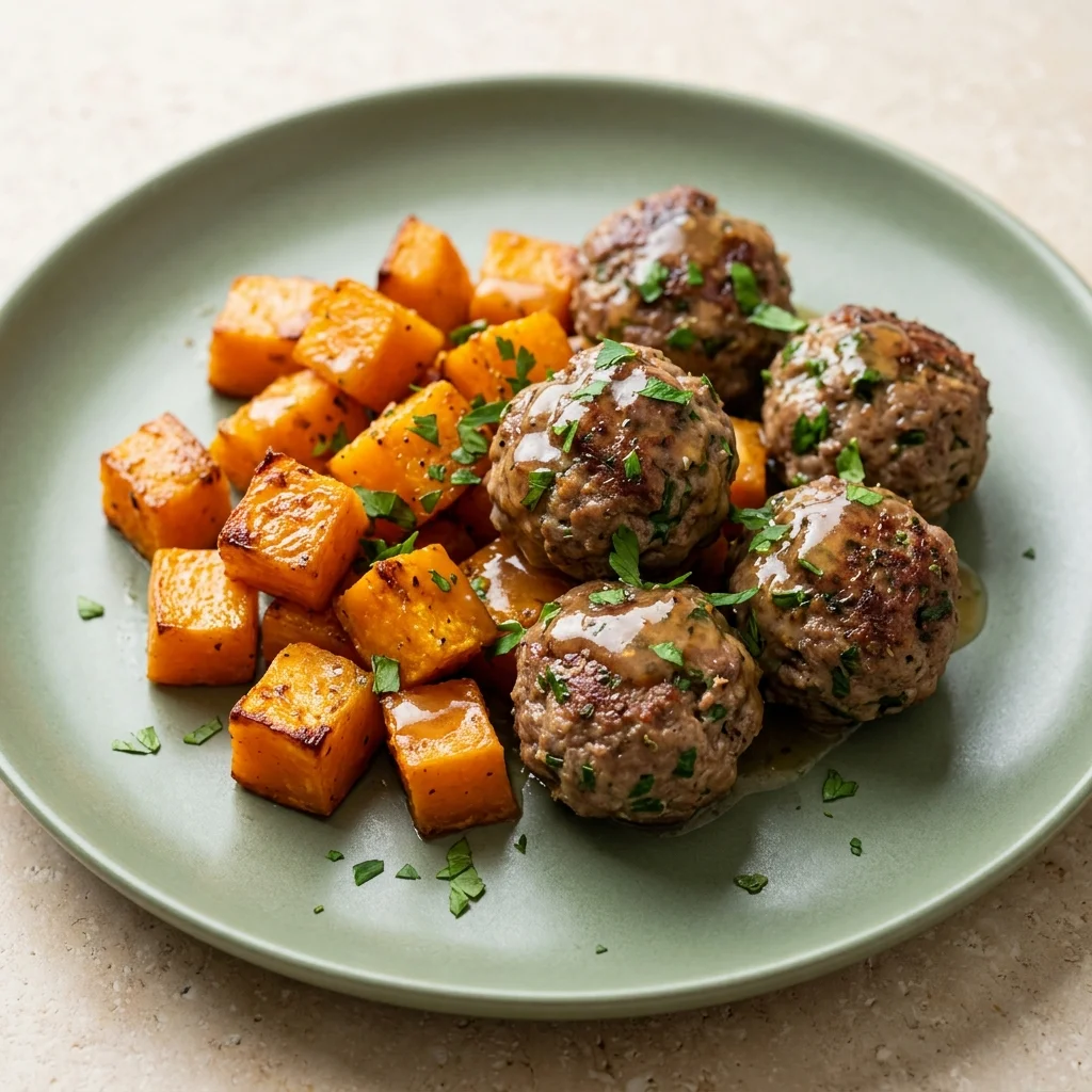 Basil-Parsley Beef Meatballs with Roasted Butternut Squash