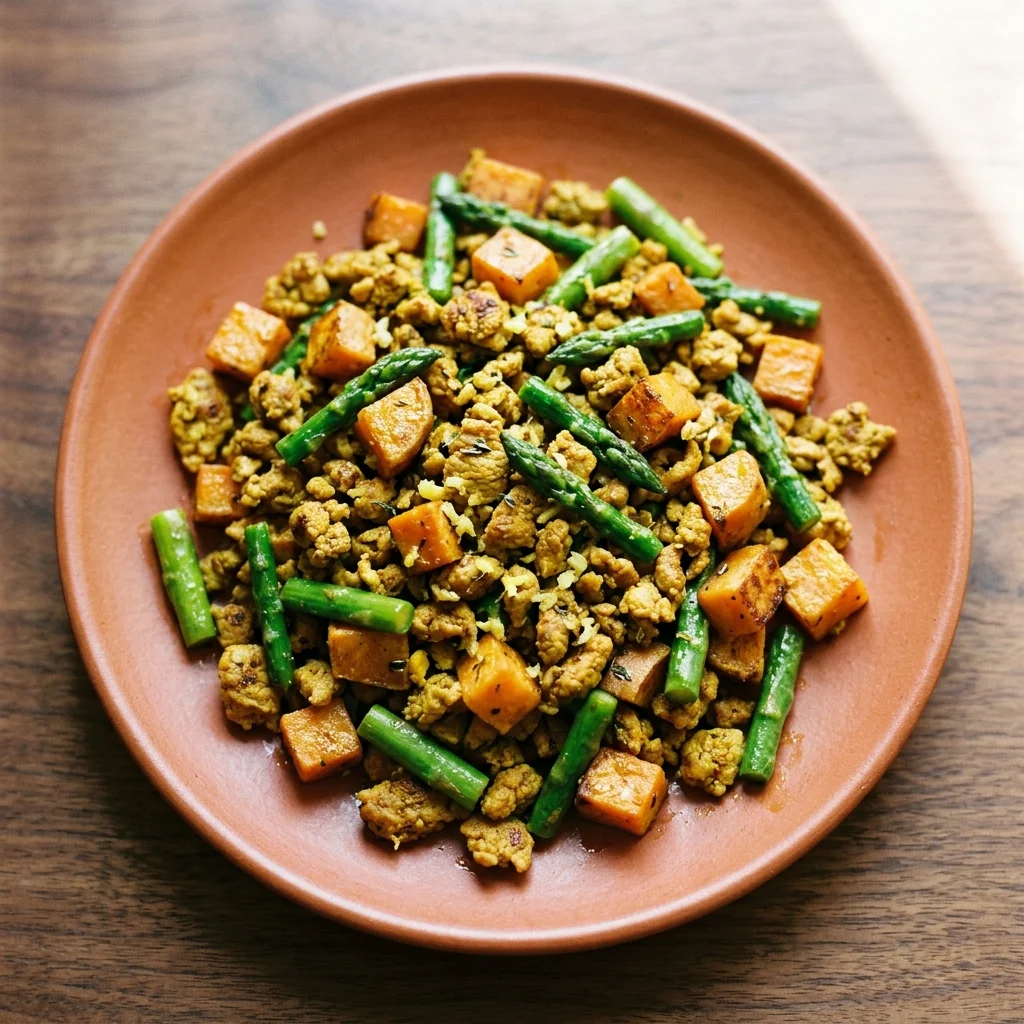 Ginger-Turmeric Turkey and Sweet Potato Hash with Asparagus