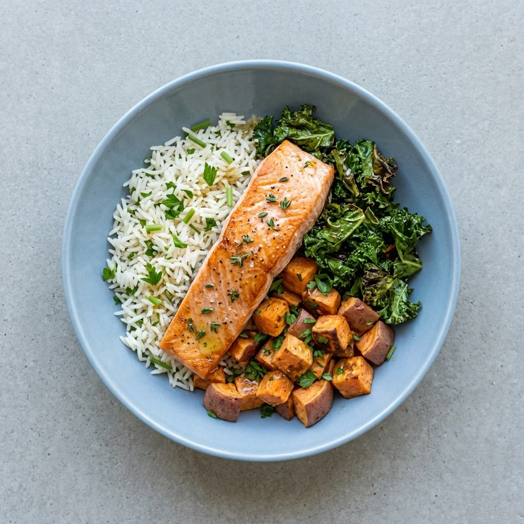 Salmon Power Bowl with Herb Rice and Roasted Vegetables